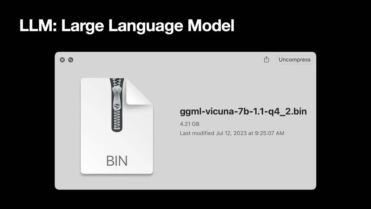 Finder window showing this file:  ggml-vicuna-7b-1.1-q4_2.bin  4.21GB  Last modified Jul 12, 2023 at 9:25:07 AM