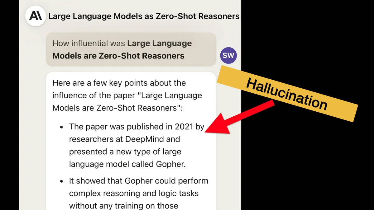 Screenshot of Claude.  Prompt: How influential was Large Language Models are Zero-Shot Reasoners  Response: Here are a few key points about the influence of the paper "Large Language Models are Zero-Shot Reasoners":   * The paper was published in 2021 by researchers at DeepMind and presented a new type of large language model called Gopher.  An arrow points to this bullet point labeling it a hallucination.