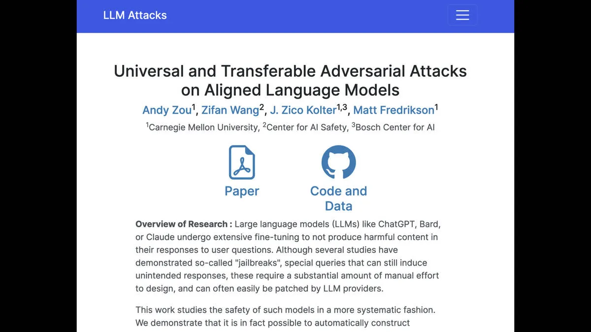 Universal and Transferable Adversarial Attacks on Aligned Language Models  By Andy Zou, Zifan Wong, J Zico Kolter, Matt Fredrikson