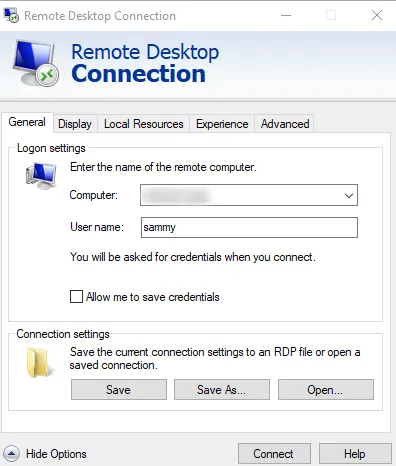 Screencapture of the Remote Desktop Connection Client initial logon page