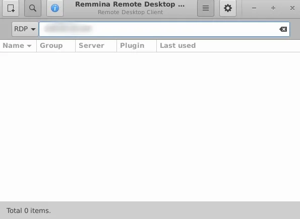 Screenapture showing the Remmina client with a blurred IP address entered in the RDP box