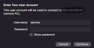 Screencapture showing the "Enter your user account" prompt