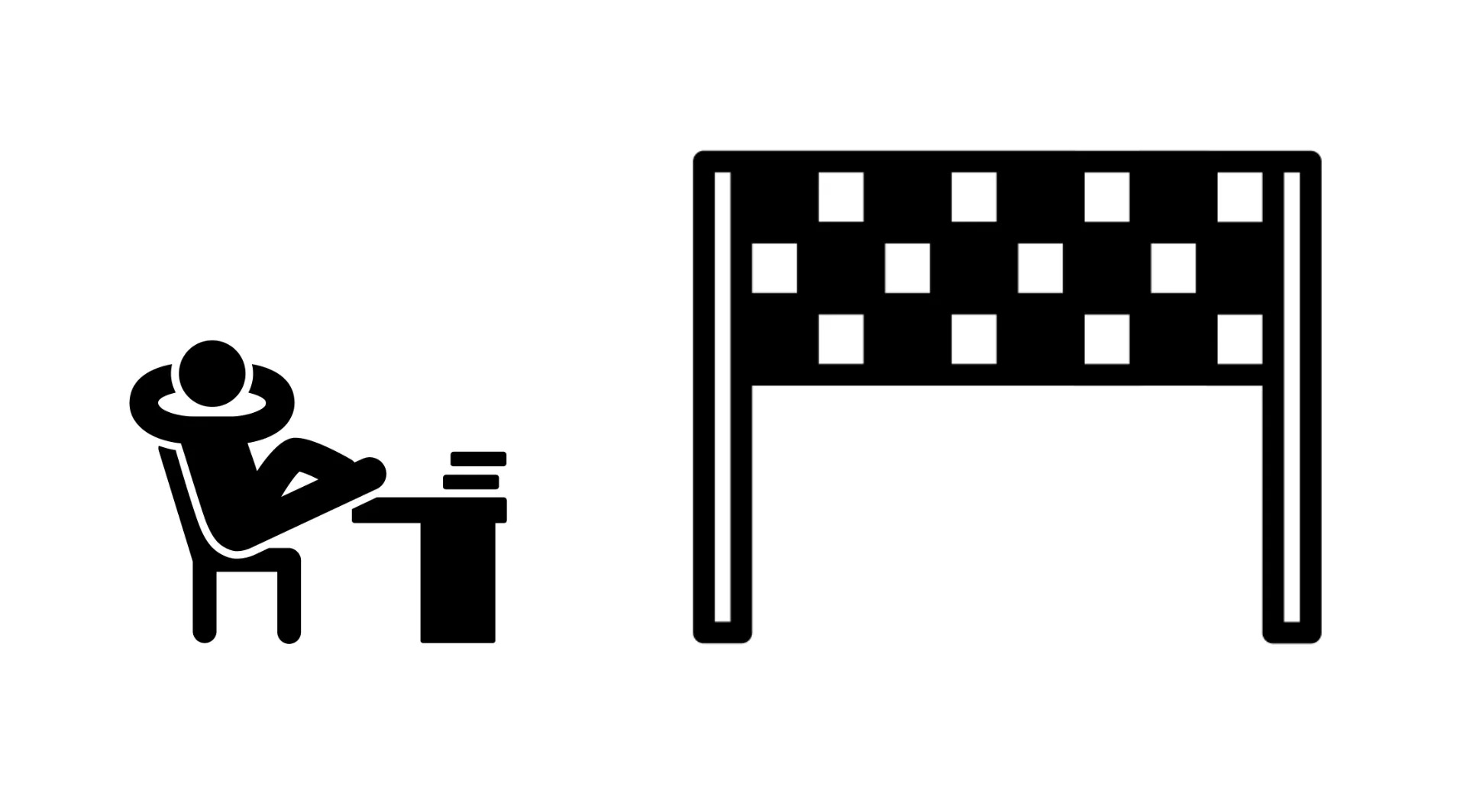 Stick figure relaxing with their legs propped up on a desk in front of a finish line.