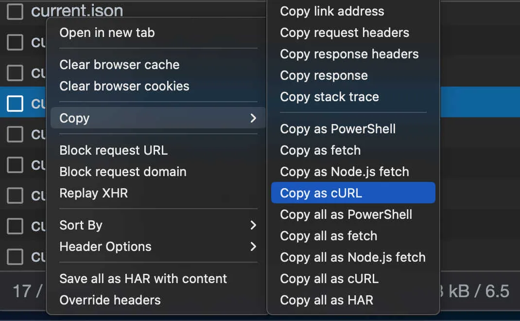 A screenshot showing where the “Copy as cURL” option is