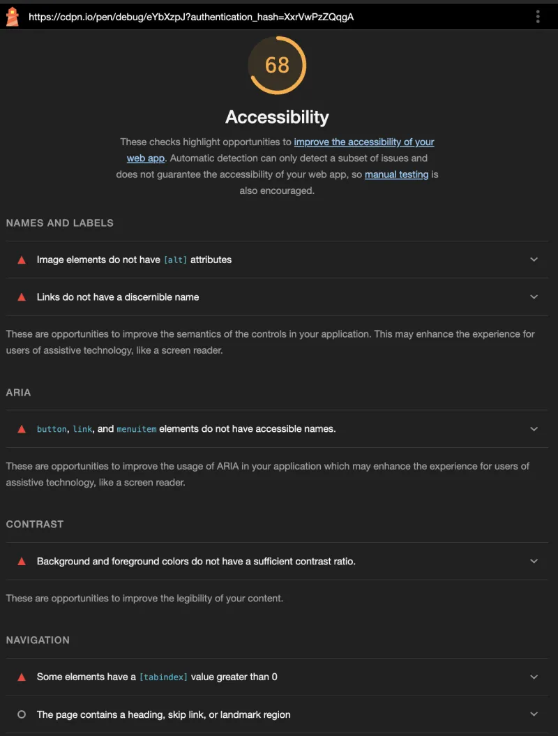 Lighthouse test score 68% on accessibility and list of issues found