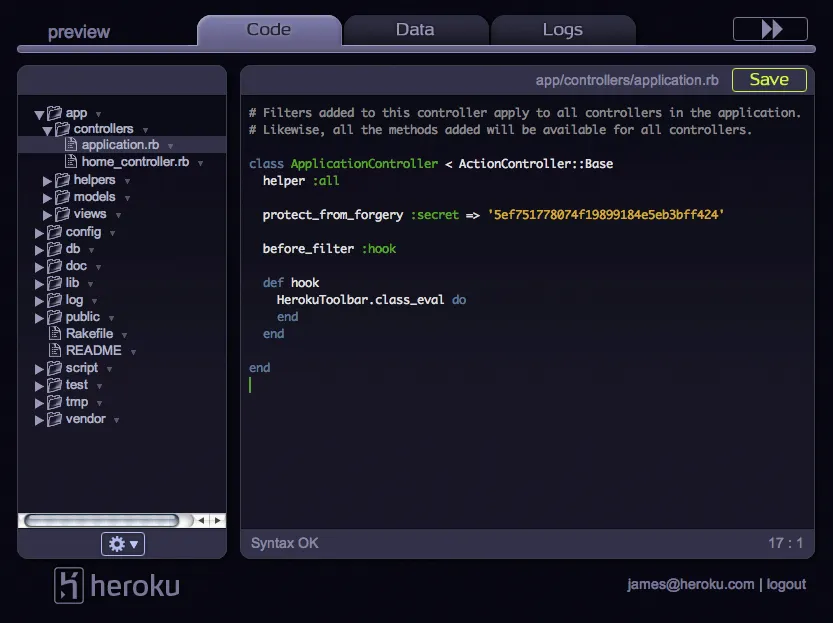 Heroku's original product, an in-browser IDE allowing you to instantly create and publish Rails apps.