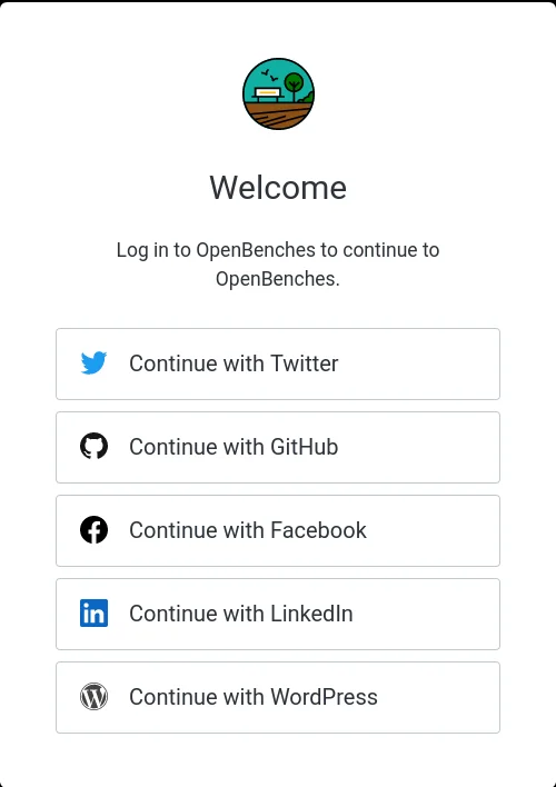Login page with buttons for Facebook, Twitter, WordPress, GitHub, and LinkedIn.