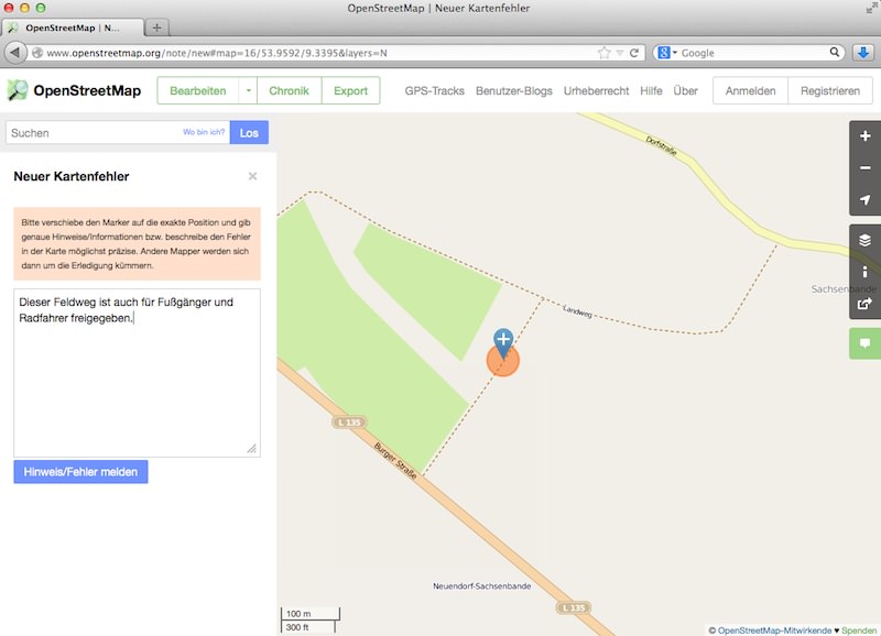 Screenshot der Fehler-melden-Funktion auf der OSM-Webseite