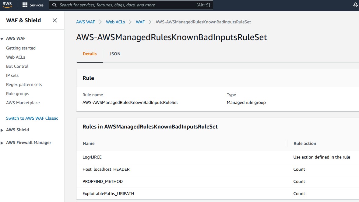 Screenshot of the AWS WAF rule enabled in the AWS Console