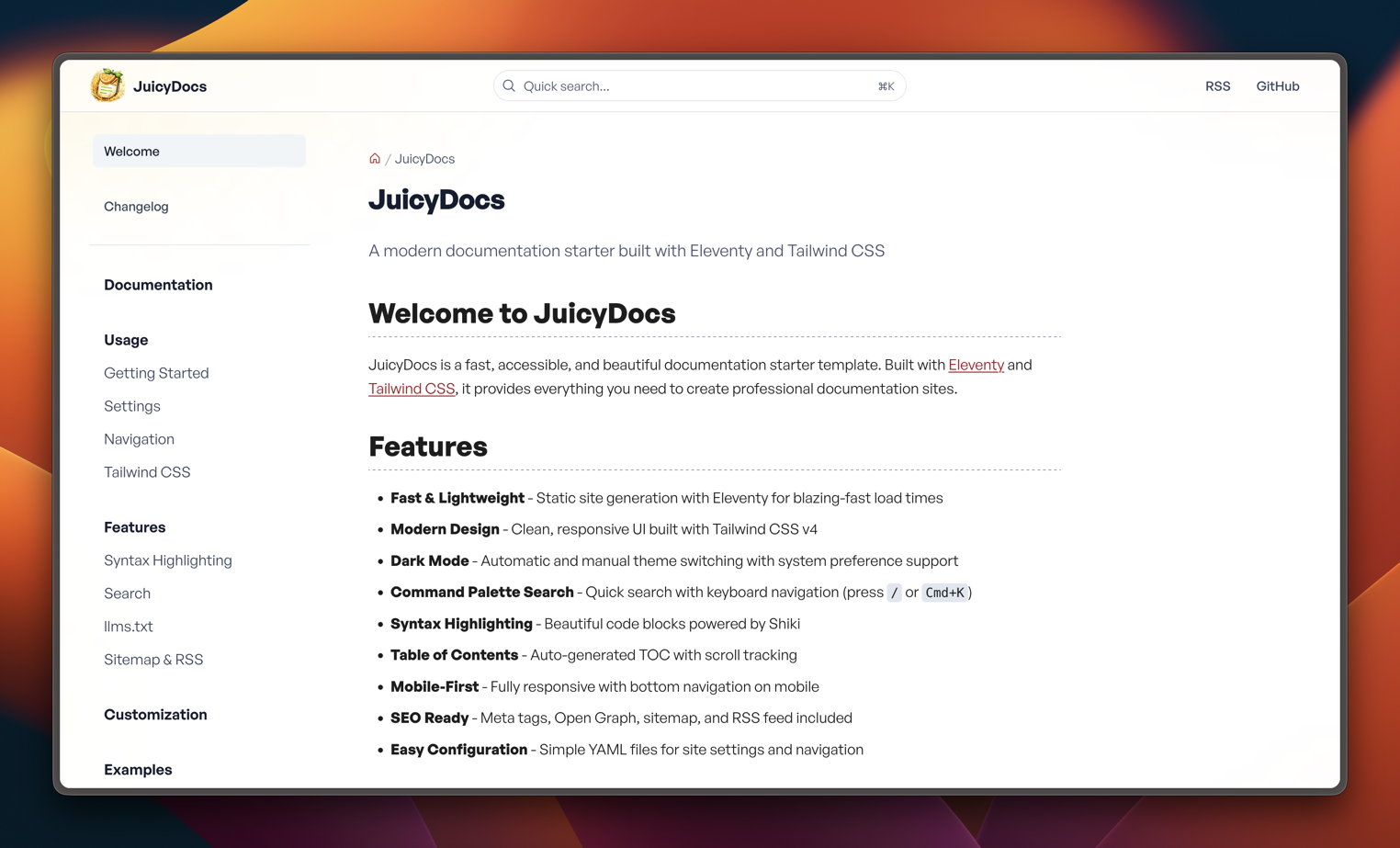 juicydocs-11ty-starter 的网站界面截图