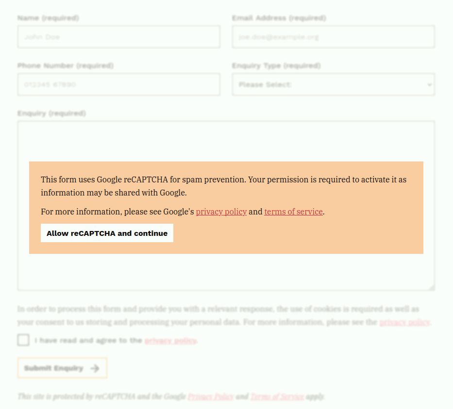 Contact form with a privacy overlay asking the user for consent