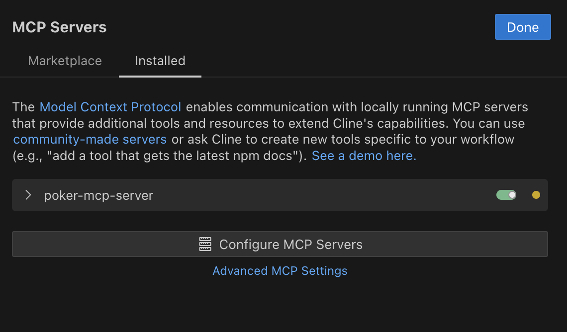 Screenshot of install mcp server