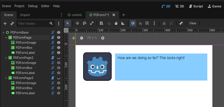 Screenshot of Godot showing a sample PDForm scene and its scene tree