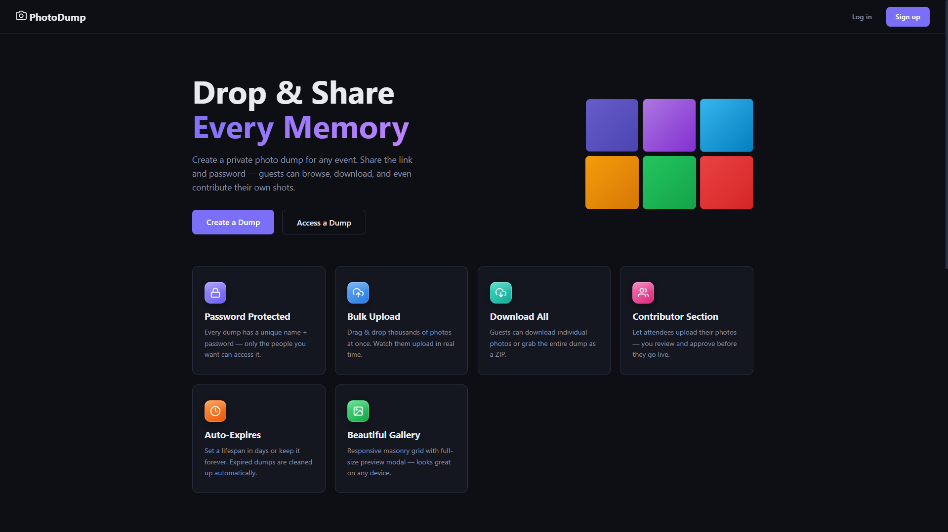 PhotoDump landing page