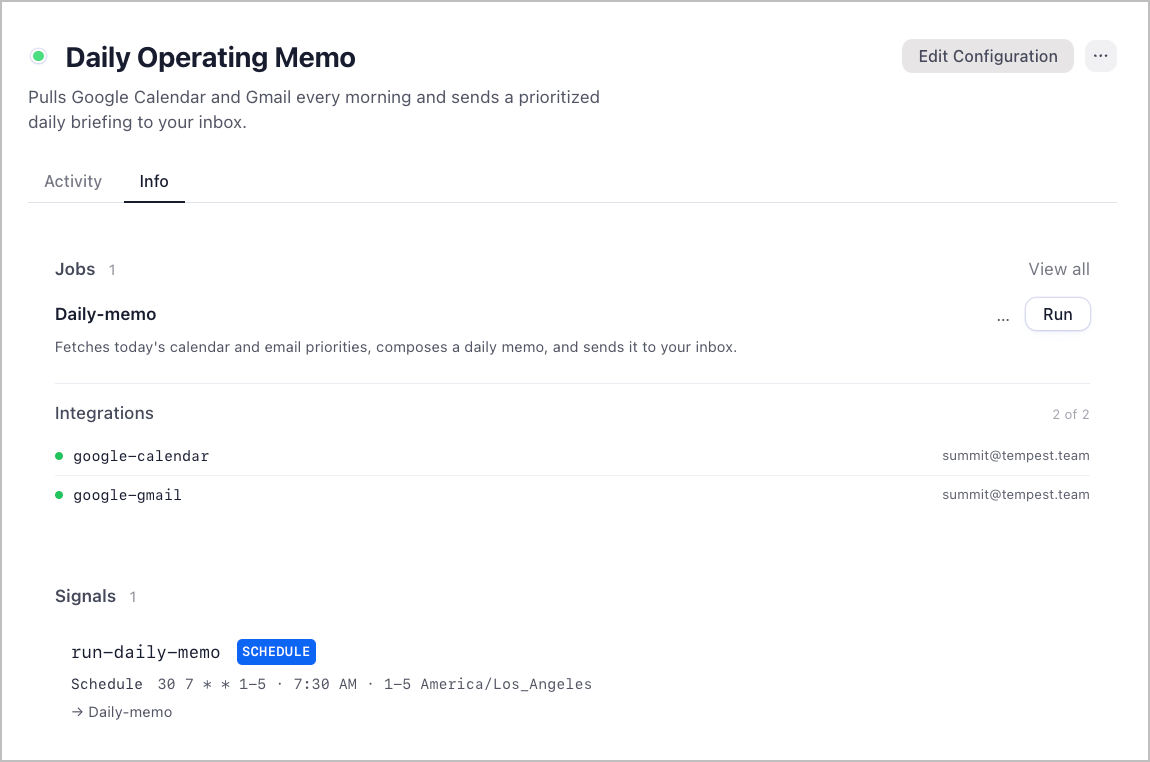 daily-operating-memo workspace overview in Friday
