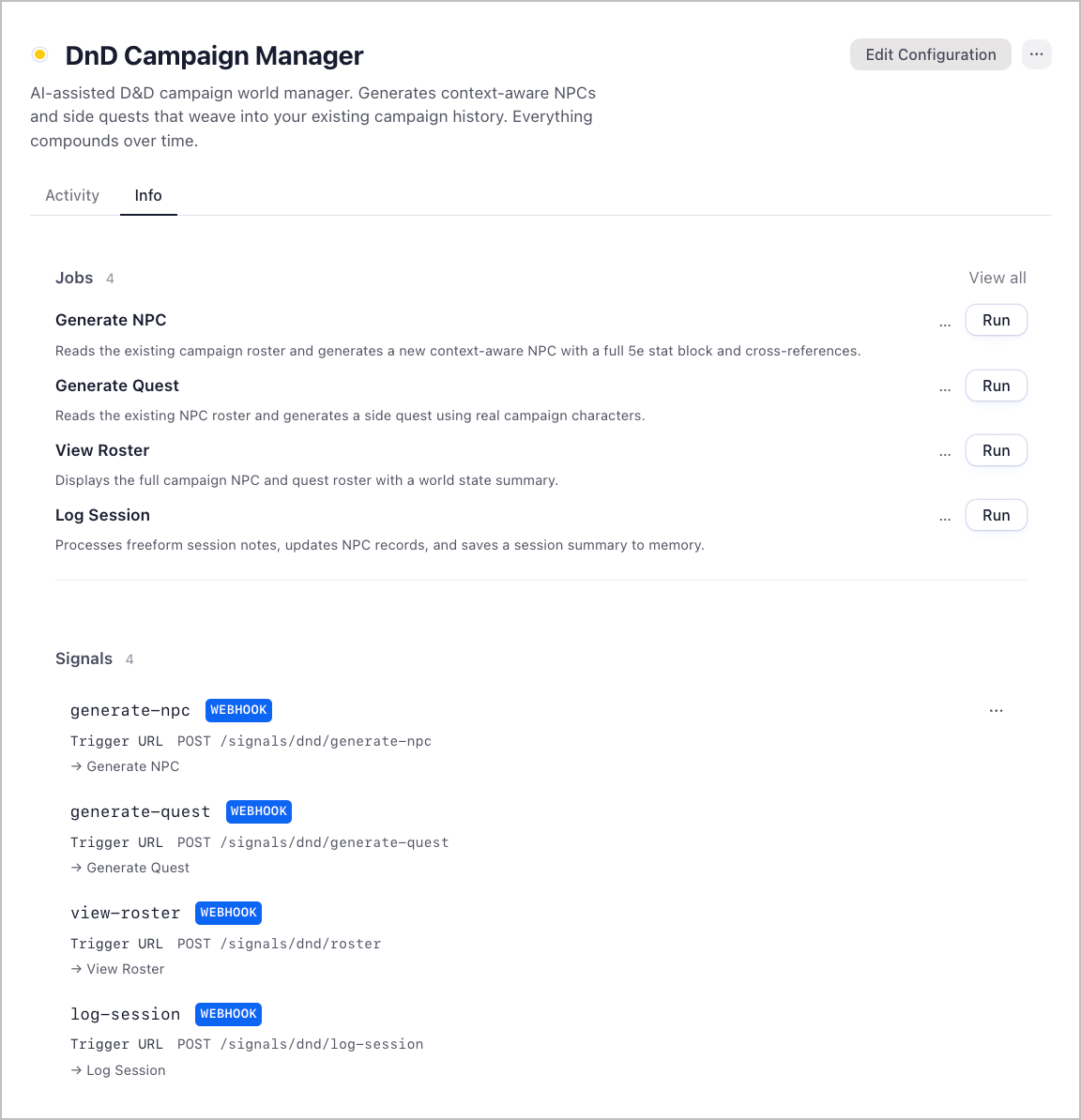 dnd-campaign-manager workspace overview in Friday