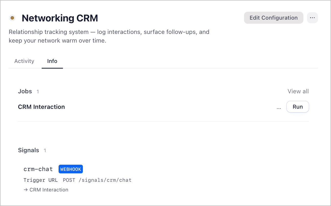 networking-crm workspace overview in Friday