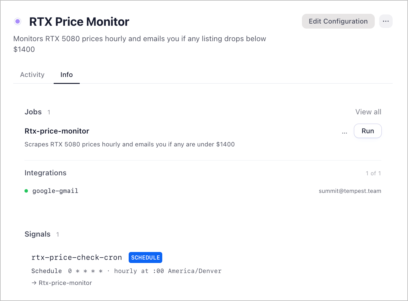 rtx-price-monitor workspace overview in Friday