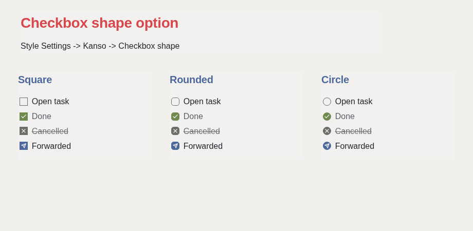 Checkbox shapes: Square, Rounded, Circle