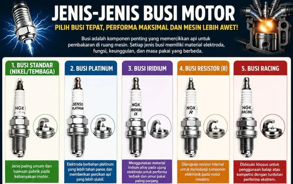 Tips Memilih Busi Motor 2026 • Jenis, Fungsi, Resistor, Iridium, Platinum