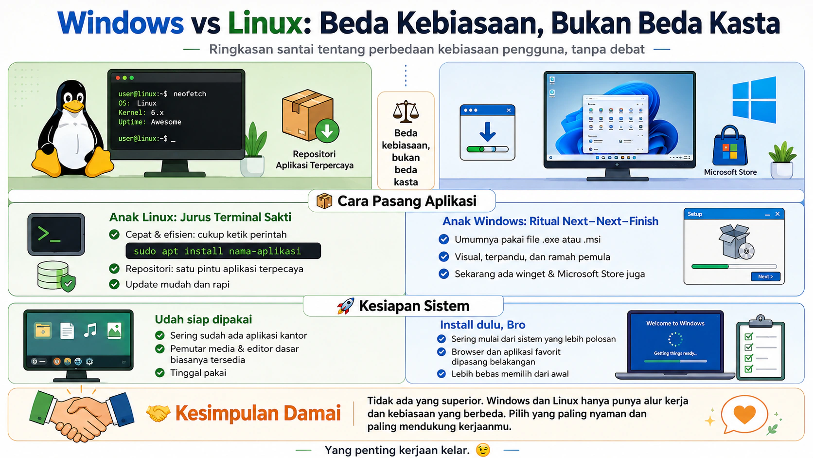 Ringkasan Keren: Windows vs Linux, Beda Kebiasaan Tanpa Debat