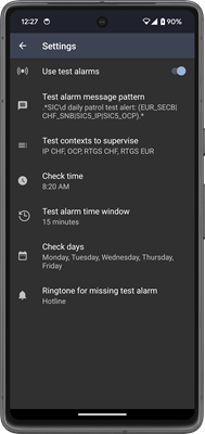 Test alarm settings