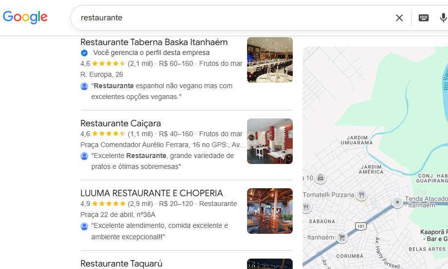 Busca real no Google por restaurante em Itanhaém mostrando a Taberna Baska em primeiro lugar