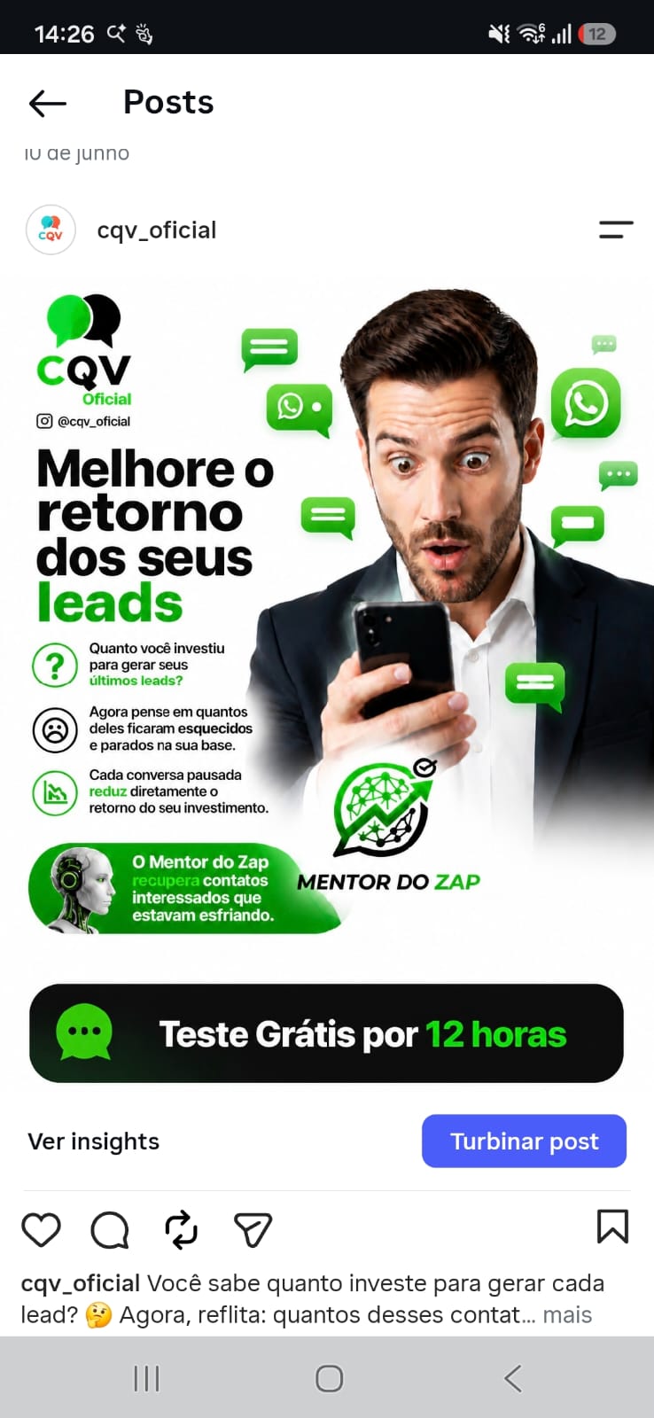 Post real publicado no Instagram da CQV sobre melhorar o retorno dos leads
