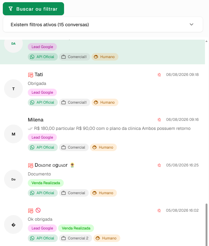 Painel real de conversas e oportunidades atendidas pelo WhatsApp