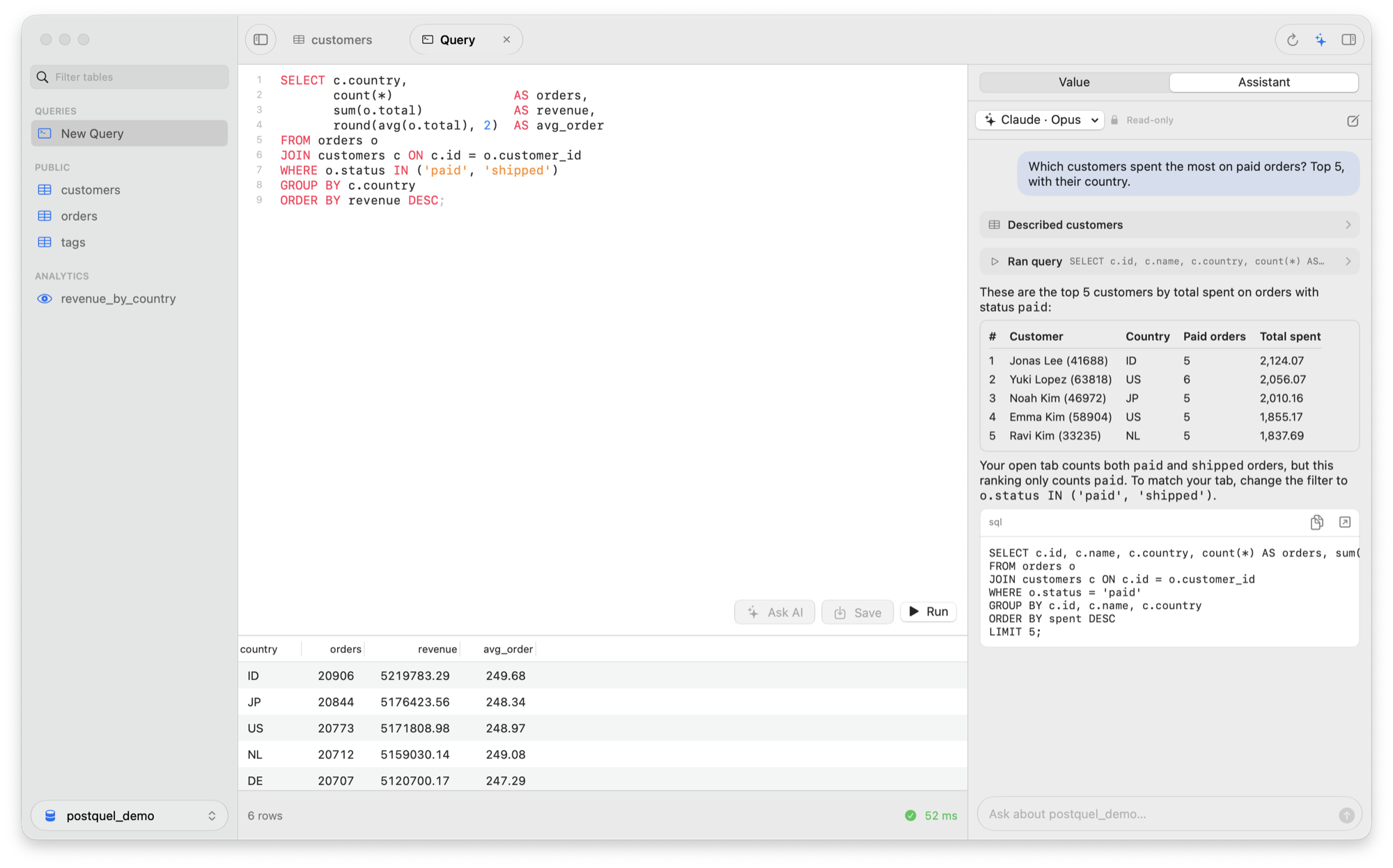 Postquel showing a SQL query with its results, and the assistant answering which customers spent the most