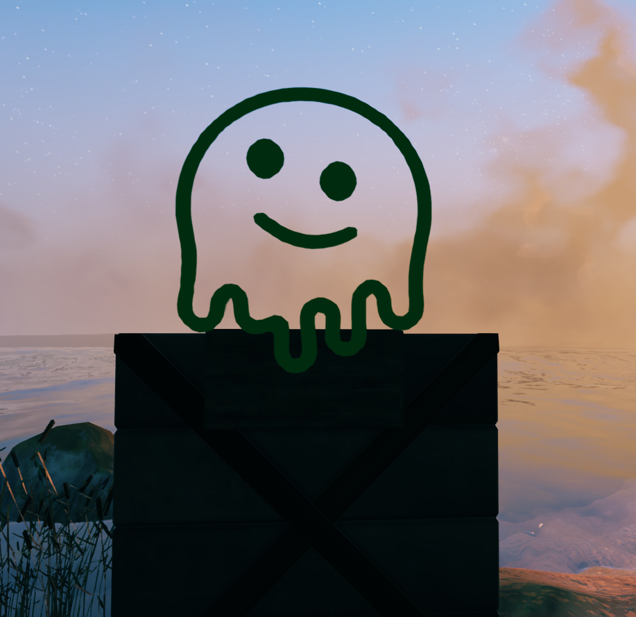 A ghost on a wooden sign, white fill and a dark green outline