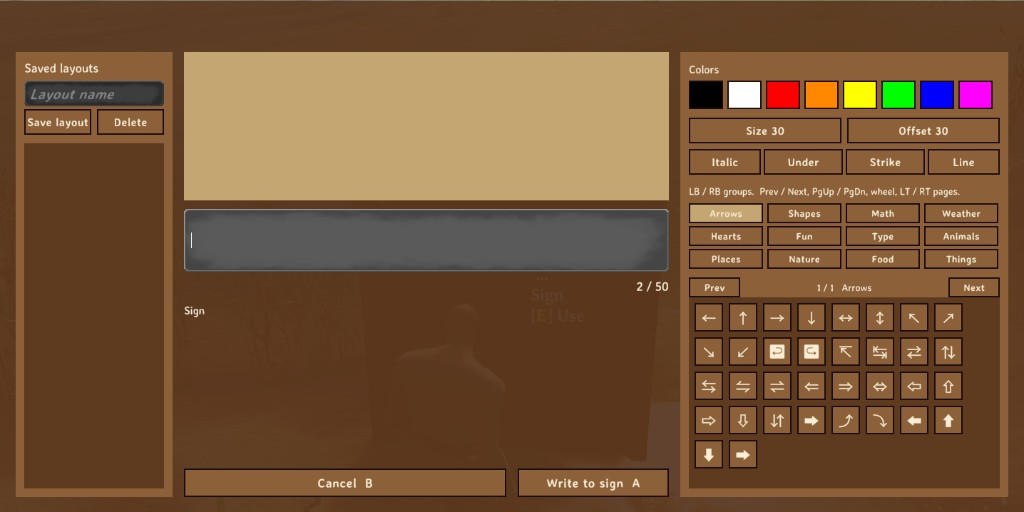 The Signs UI with an empty preview. The layout name box on the left still says Layout name
