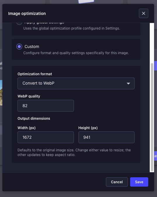 Custom image optimization settings