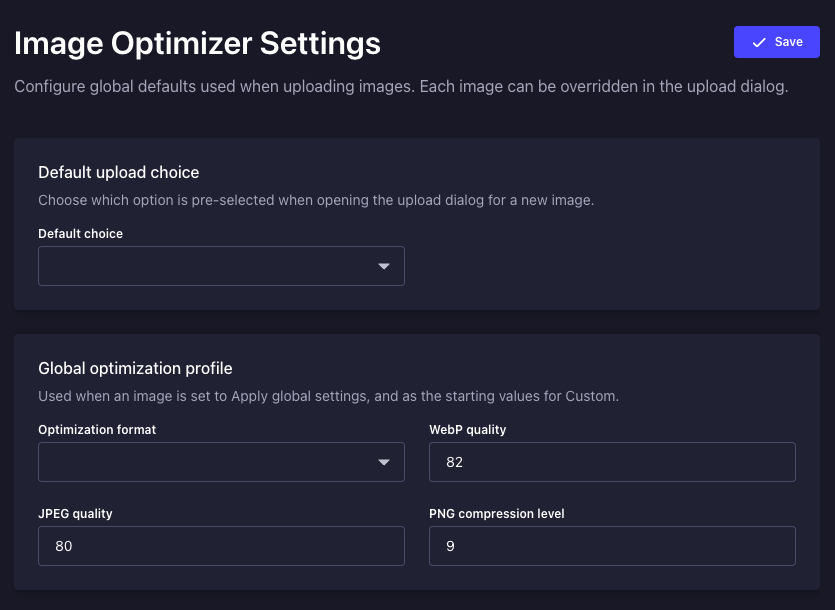 Image Optimizer global settings page
