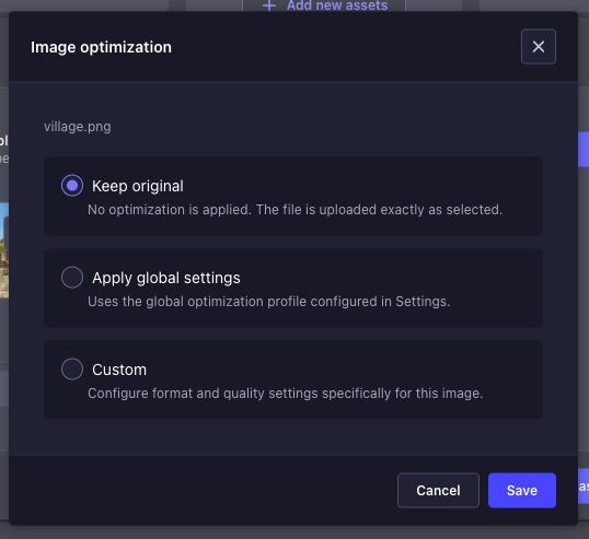 Image optimization choice dialog