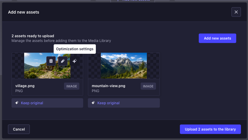 Media Library upload modal with optimization controls