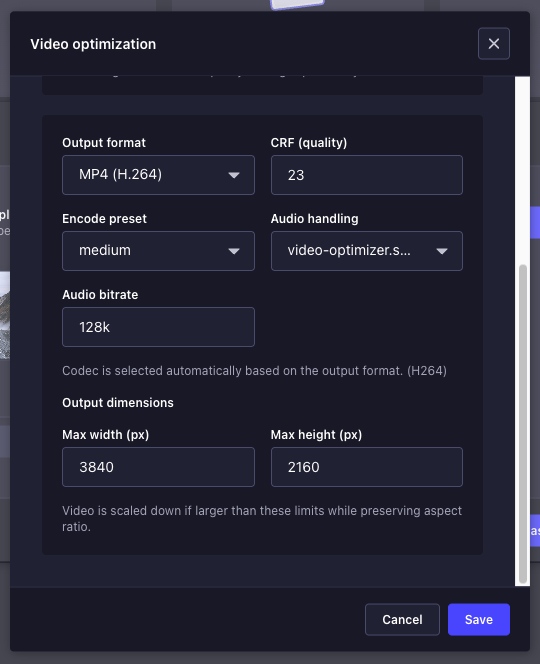 Custom video optimization settings