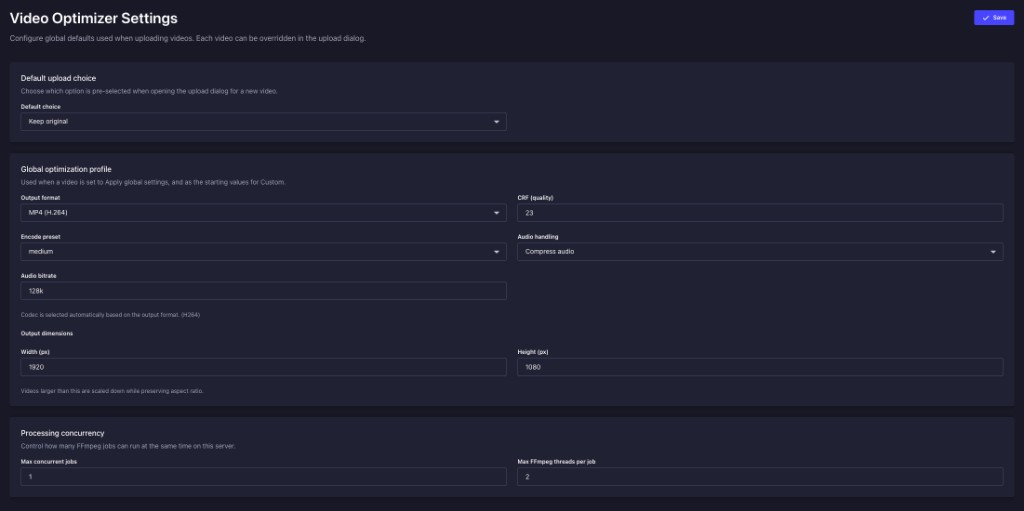Video Optimizer global settings page