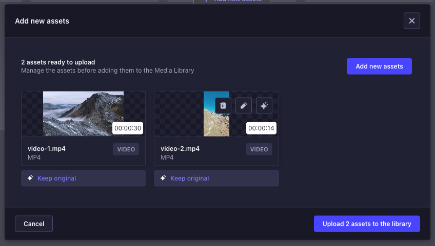 Media Library upload modal with optimization controls