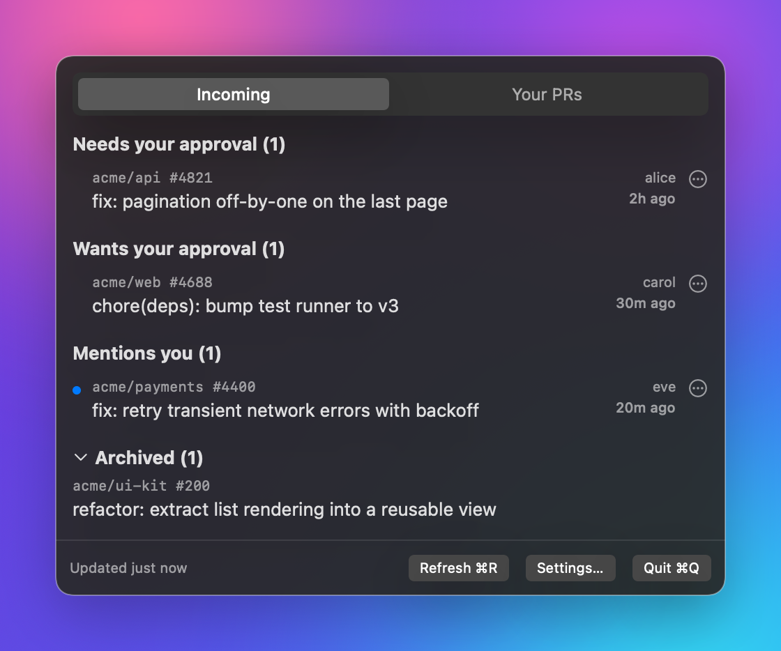 Happy PRs menubar popover showing PRs sorted into approval buckets