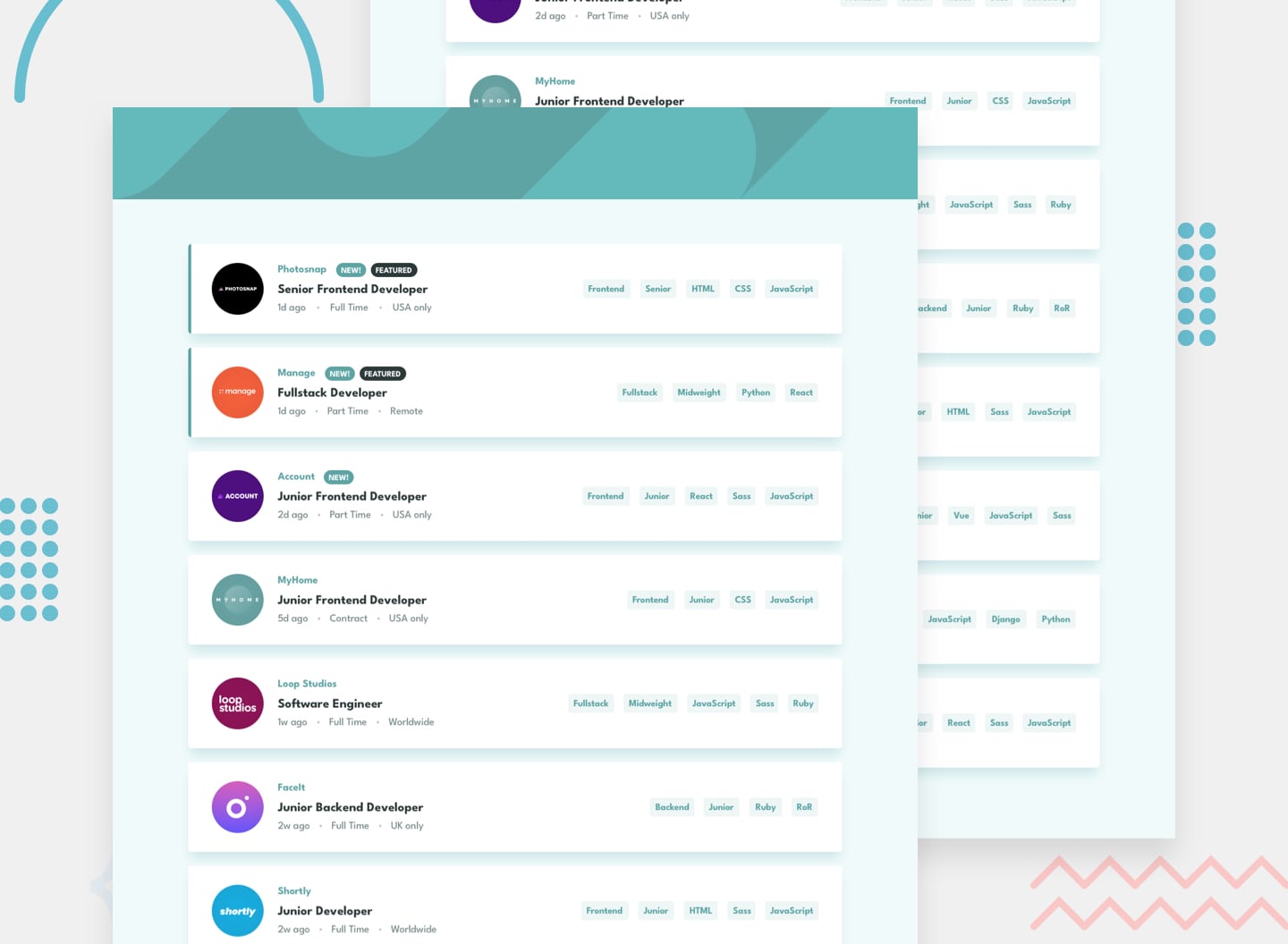 Design preview for the Job listings with filtering coding challenge