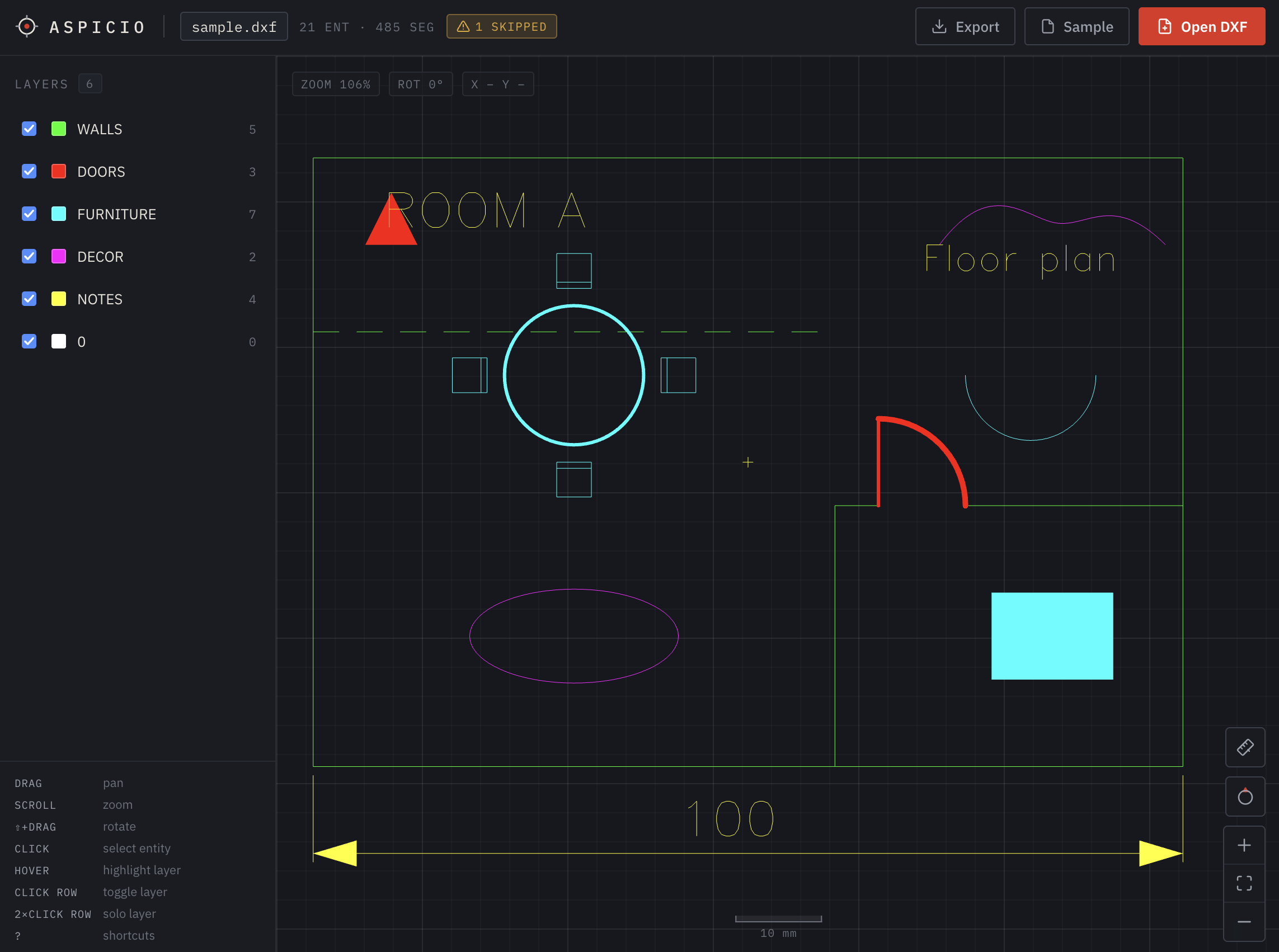Aspicio viewing a sample floor-plan DXF — layer panel, colored geometry, text, and a dimension