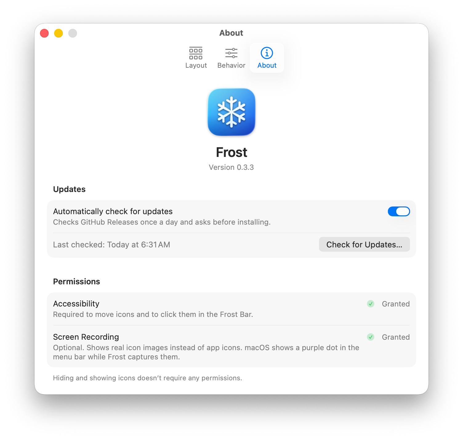 The About tab with update settings and the status of the Accessibility and Screen Recording permissions