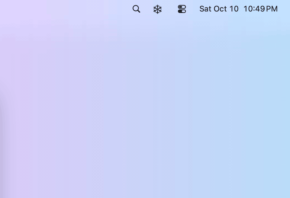 macOS 27: clicking the snowflake opens the Frost Bar; clicking a hidden weather icon moves it beside the snowflake, moves the pointer onto it and opens its native menu; moving away returns it