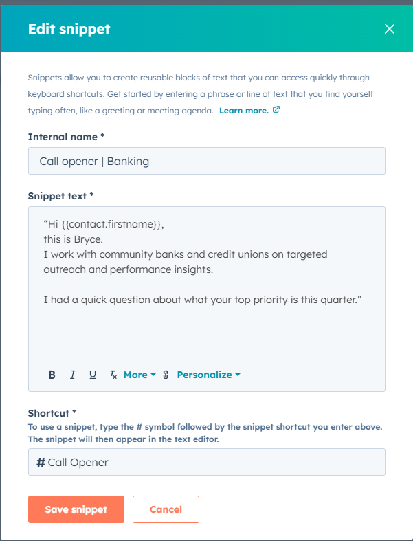 Snippets list screenshot placeholder