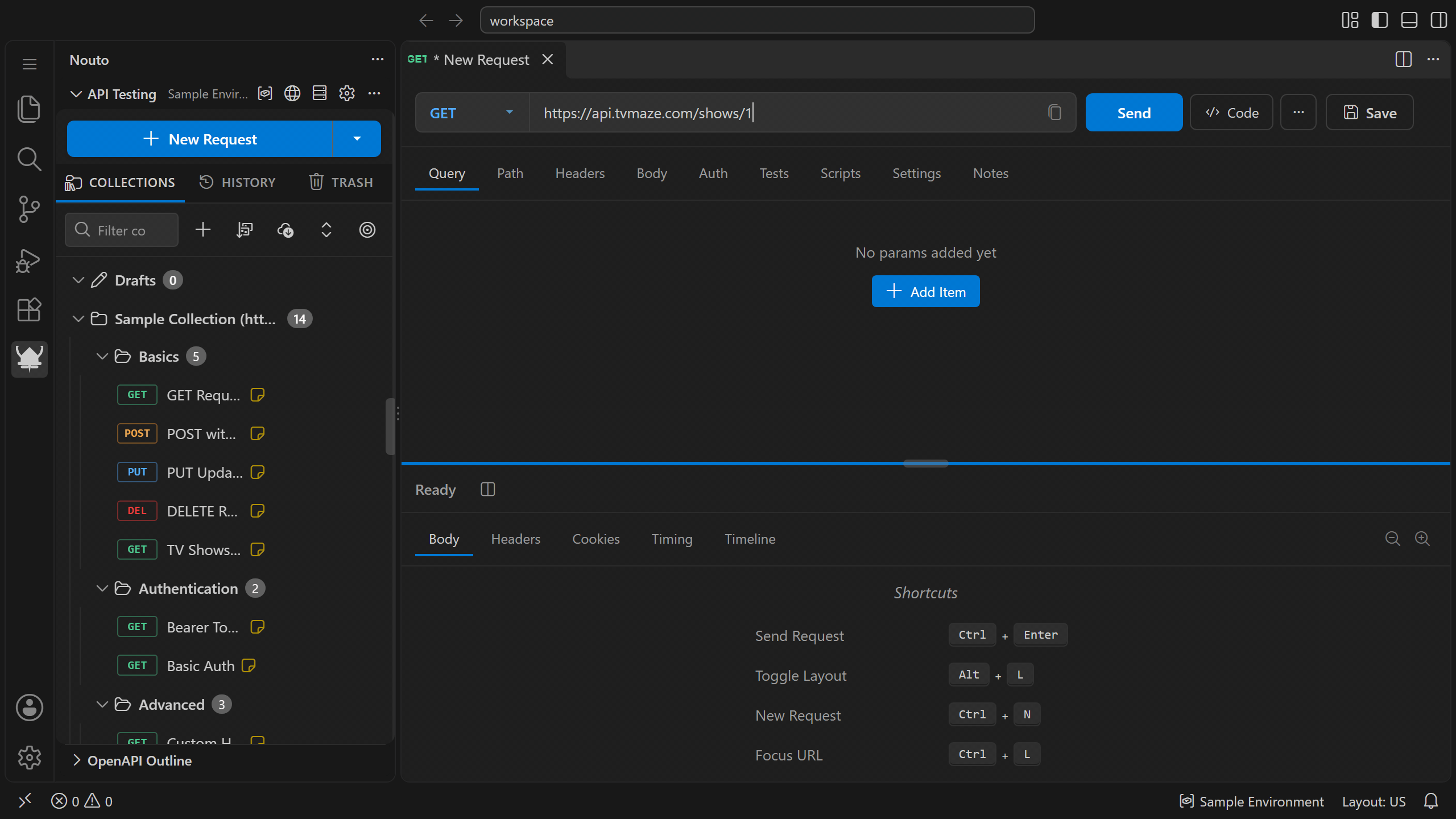Adding status code and response time tests, sending the request, and both tests passing
