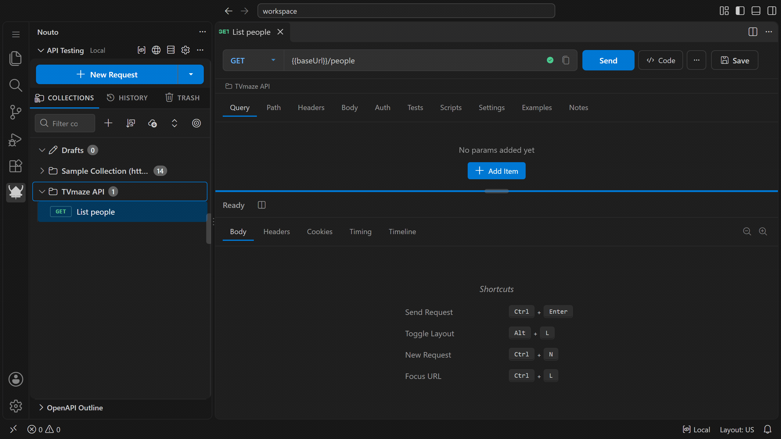 A request using {{baseUrl}} fails on the Local environment, then succeeds after switching to Production from the status bar