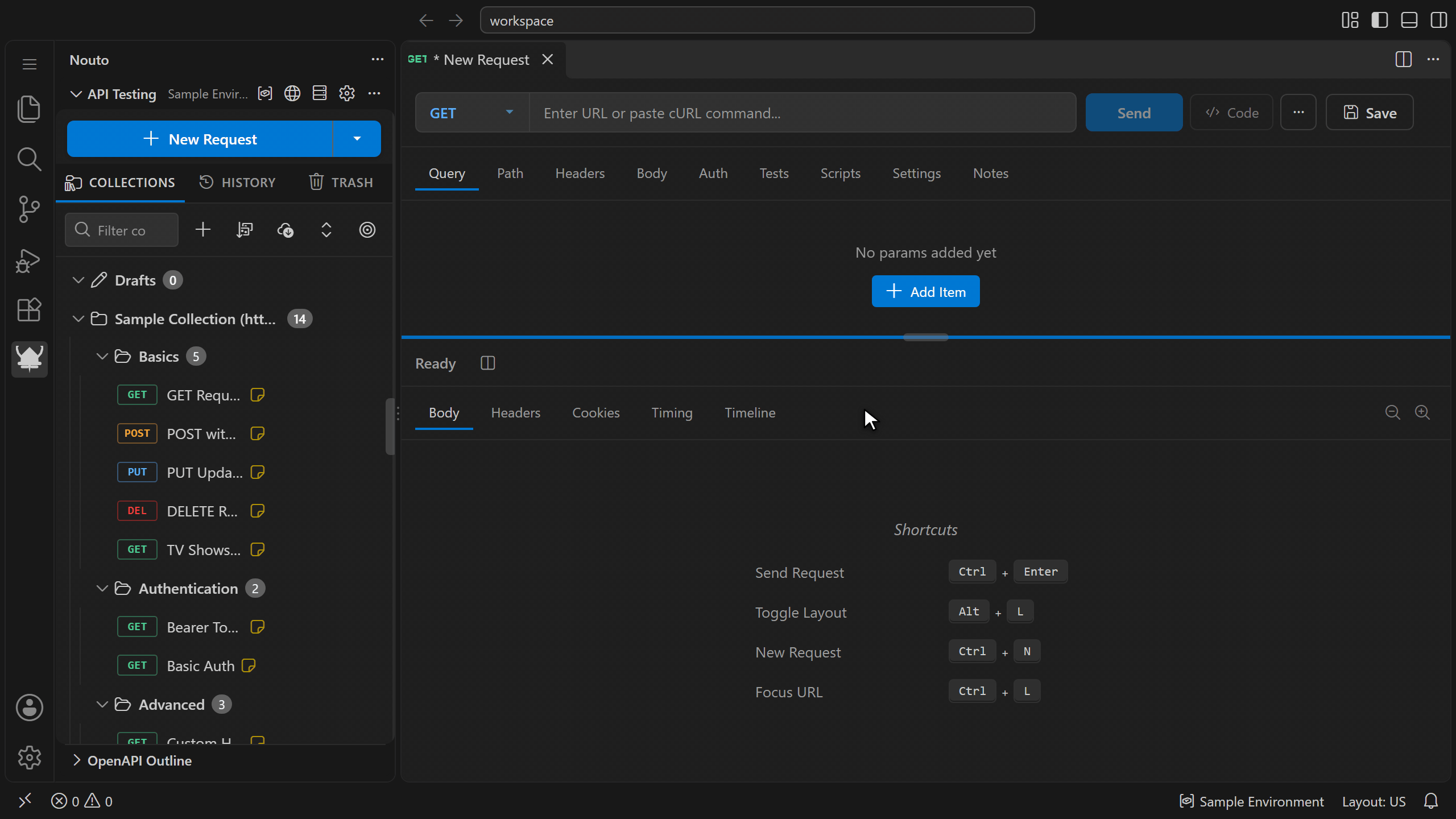 Sending a GET request, folding the JSON response, and opening the Headers, Timing, and Timeline tabs