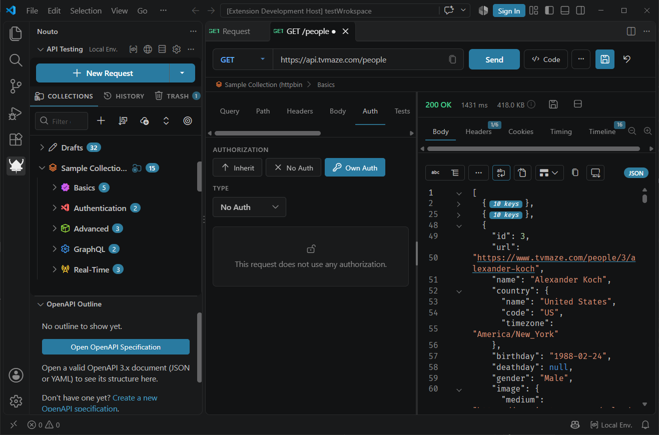 Nouto in VS Code: the collections sidebar, a GET request to the TVmaze API, and its JSON response
