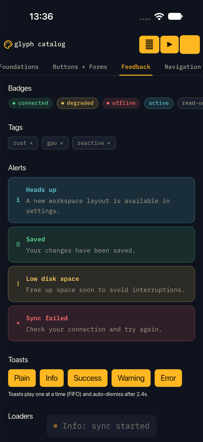 glyph-catalog: badges, tags, alerts and toasts